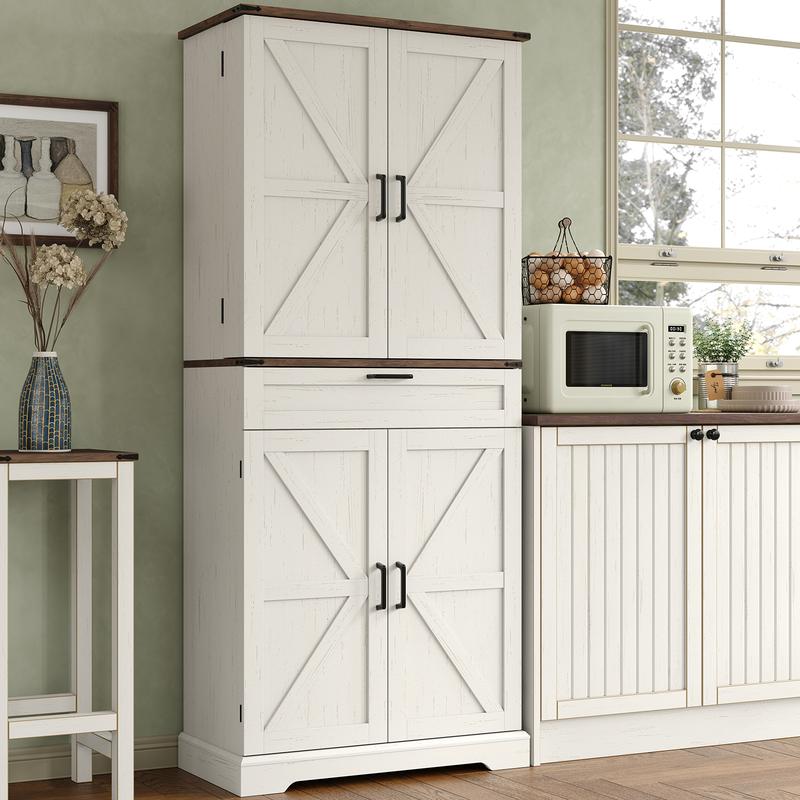 Farmhouse Kitchen Pantry Cabinet with Barn Doors and Drawer