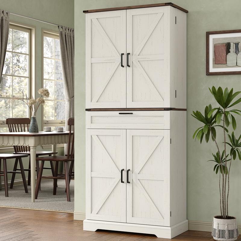 Farmhouse Kitchen Pantry Cabinet with Barn Doors and Drawer