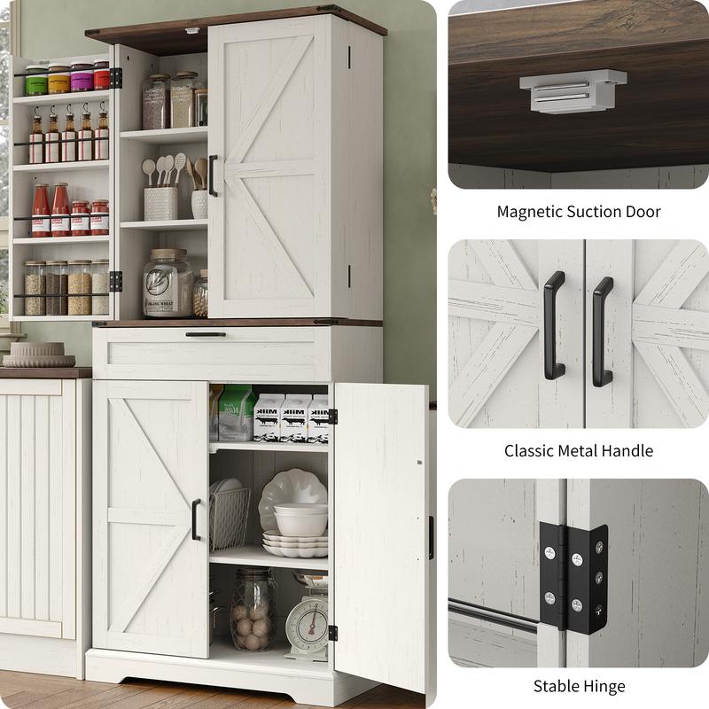 Farmhouse Kitchen Pantry Cabinet with Barn Doors and Drawer