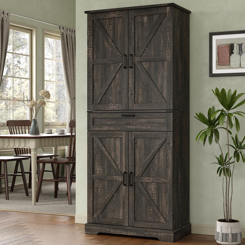 Farmhouse Kitchen Pantry Cabinet with Barn Doors and Drawer