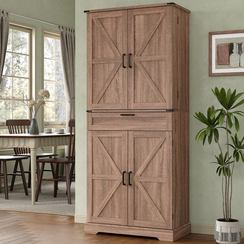 Farmhouse Kitchen Pantry Cabinet with Barn Doors and Drawer